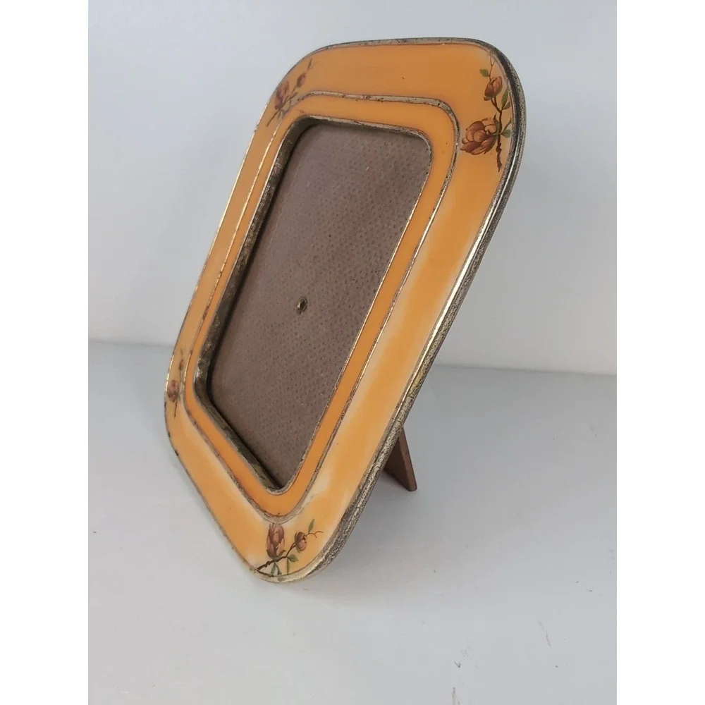 Heavy Enamel Floral Picture Frame 5x6 Vintage Gold tone Metal W/Roses